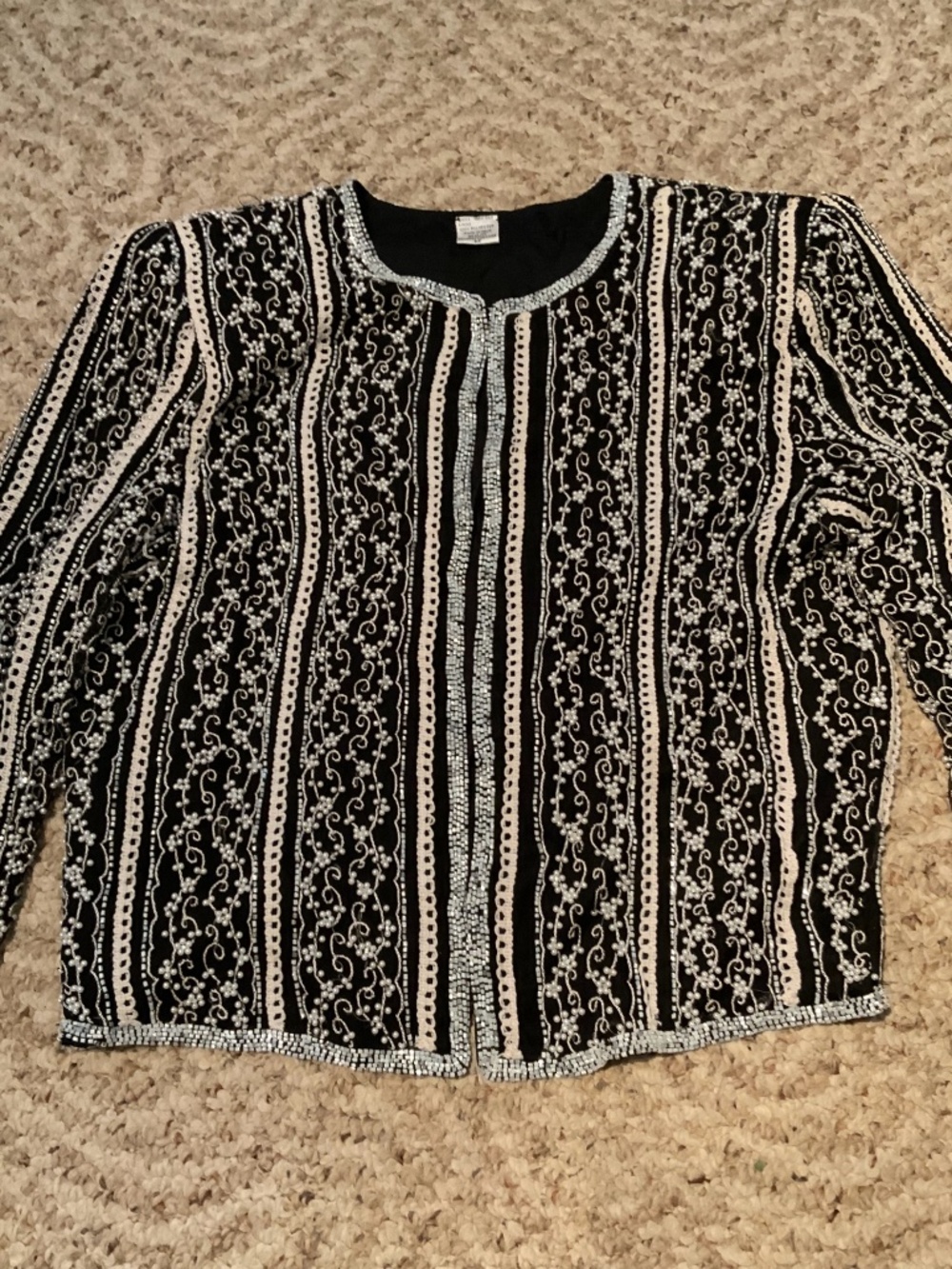 Vintage 80s Laurence Kazar Sequin Beaded Pearl Silk Jacket Black White medium